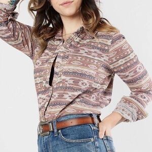 #165 Gilded Intent Buckle Distressed Southwestern Aztec Top Blouse Shirt Medium